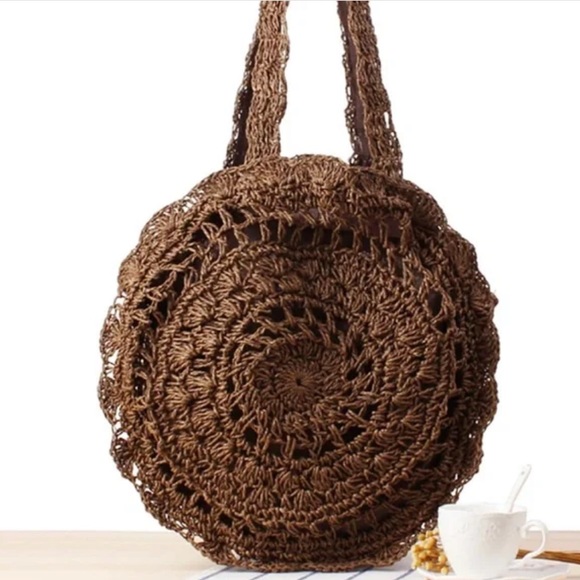 Boho Coffee Brown Straw Round Bag - Picture 2 of 7